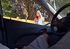 risky handjob for slut at bus stop on street