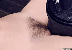 Blindfolded hairy pussy babe in device bondage 😈