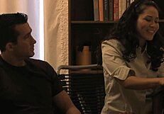 Asian slut with big tits and a hairy bush swallows cum after riding monster cock