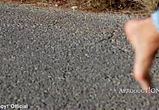 Girl Soaks Jeans While Hiking Barefoot in Wet Outdoor Public Area Near Beach