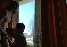 Helga bosk risky sex by the window people walking by