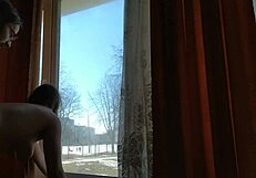 Helga bosk risky sex by the window people walking by