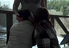 Suck him together on vacation in public threesome blowjob!