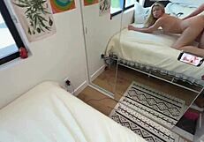 Cheating rock paper scissors leads to fucking girlfriend's roommate river lynn in dorm.