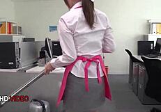 Chihiro Akino, stunning Japanese milf, gives blowjob. Leads to explosive creampie in office.