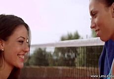 Passionate tennis lesbians masturbate with toys on court