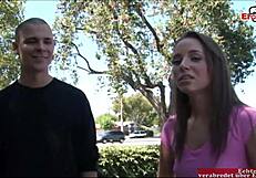 Skinny brunette teen with small tits gets picked up for sex. She receives a mouth cumshot.