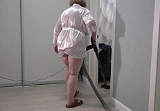 a home camera watches mature housewife with thick ass under short robe and big boobs chubby milf behind the scenes pawg