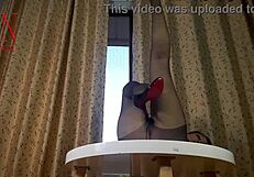 Nice Lady In Pantyhose And Heels Striptease At The Round Table 33