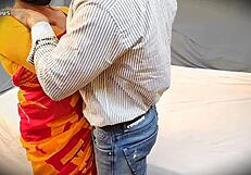 Indian housewife chats with delivery boy while husband is away wearing saree