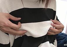 Petite teen seduces older guy for defloration creampie