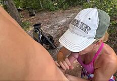 Hot Skinny Blonde Jerks Off Dick in Woods, Seen by Bikers