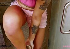 Brunette bombshell took a shower after photoshoot