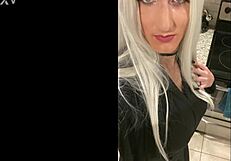 Platinum blonde crossdresser returns home after her date