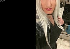 Platinum blonde crossdresser returns home after her date