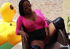 Hey, watch Maxine X plunge that huge sex toy deep in the pool with her Asian curves on full display