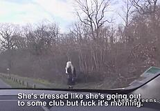 hey, check out this blonde with red lips sucking cock in the car, she's a hot teen hitchhiker getting hardcore in public.