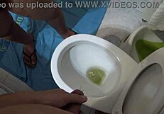 Taboo family stepmother watching how her stepson is pissing in front of her.