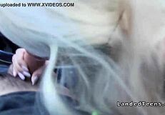 hey, check out this blonde with red lips sucking cock in the car, she's a hot teen hitchhiker getting hardcore in public.
