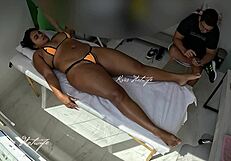 Brazilian Brunette Teases Masseur with Slutty Bikini, Revealing Pussy During Massage