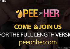 Threesome blowjob with pee on tits