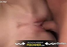 Threesome blowjob with pee on tits