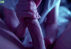A prurient woman passionately sucks her paramour's cock, gagging and swallowing deeply in a sloppy homemade blowjob.