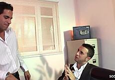 In the office, Gilda Roberts and Lucy engage in a rough FFMM foursome orgy