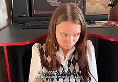 Stepdaughter distracts stepfather from computer game with expert dick sucking and swallowing