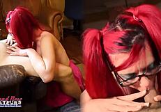 Busty redhead lily b licks feet and gives a deep bj to swallow tasty cum