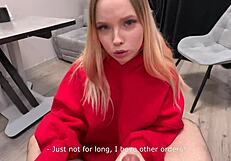 Sexy delivery girl without panties stole my food - shows big body and sucks candy plays tight game