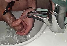 I stroke my shaved cock, get excited, and cum.