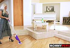 blonde milf stepmom cleans the house then blows stepson
