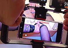 Does the wife invite her sex slave to lick her shaved pussy in this homemade scene?