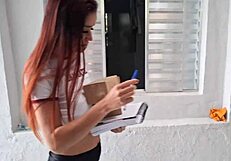 Perverted vovo gets the delivery girl with cock out flashing.