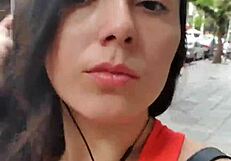 Latina flaunts bare pussy in public outdoor stroll