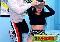 Young woman explores her first blind interracial encounter in darkness