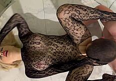 New year's slut sucks santa claus under the christmas tree and gets sperm in her fucked pussy