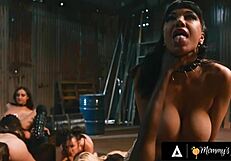Big-tits rival MILFs clash in lesbian orgy with strap-on, rough fingering, DP, and face fucking.