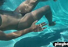 Hot posing by black babe Ana Foxxx and perfect pool masturbation for Playboy