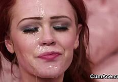 unusual stunner intensely sucks multiple cocks, getting drenched in cumshots on her face during blowbang session