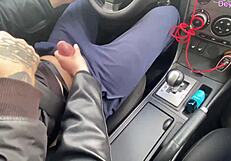 stranger slut drops to knees for dirty car blowjob on huge cock