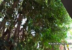 busty latina bends over for deep anal pounding by monster cock in backyard garden