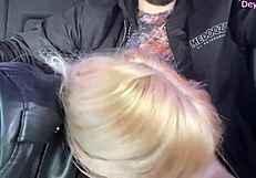 stranger slut drops to knees for dirty car blowjob on huge cock