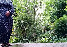 sweet stepmom helps stepson pee standing then flashes hairy wet pussy outdoor