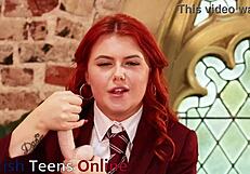 curly british redhead student cosplay guides your wank to huge cum explosion