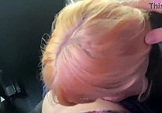 stranger slut drops to knees for dirty car blowjob on huge cock