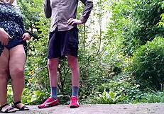 sweet stepmom helps stepson pee standing then flashes hairy wet pussy outdoor