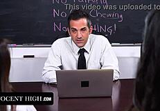 brunette latina pigtails in classroom uniform gets group licked fingered and facesat to orgasm by pornstars