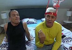 football fans spot massive cock stepson and pull him into wild ffm threesome party bend over